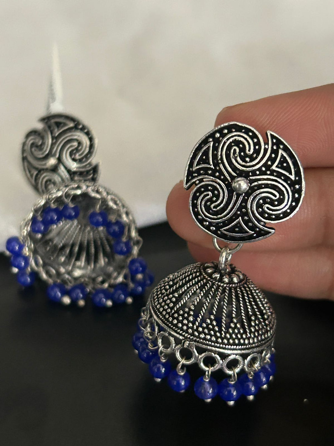 Oxidized Silver Dome Jhumka Earrings with Blue Beads