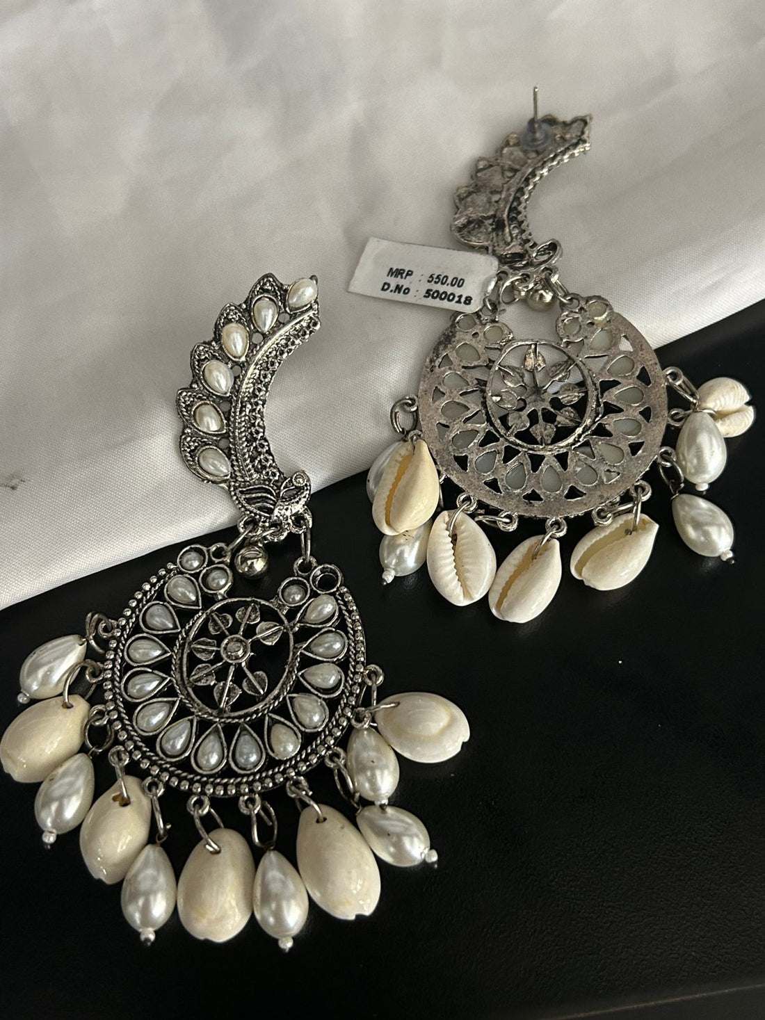 Oxidized Peacock Design Earrings with White Pearls
