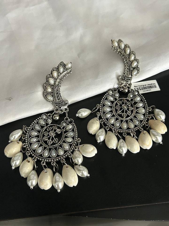 Oxidized Peacock Design Earrings with White Pearls