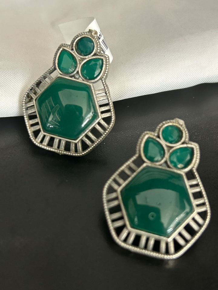 Green Stone Designer Stud Earrings – Oxidized Silver Finish