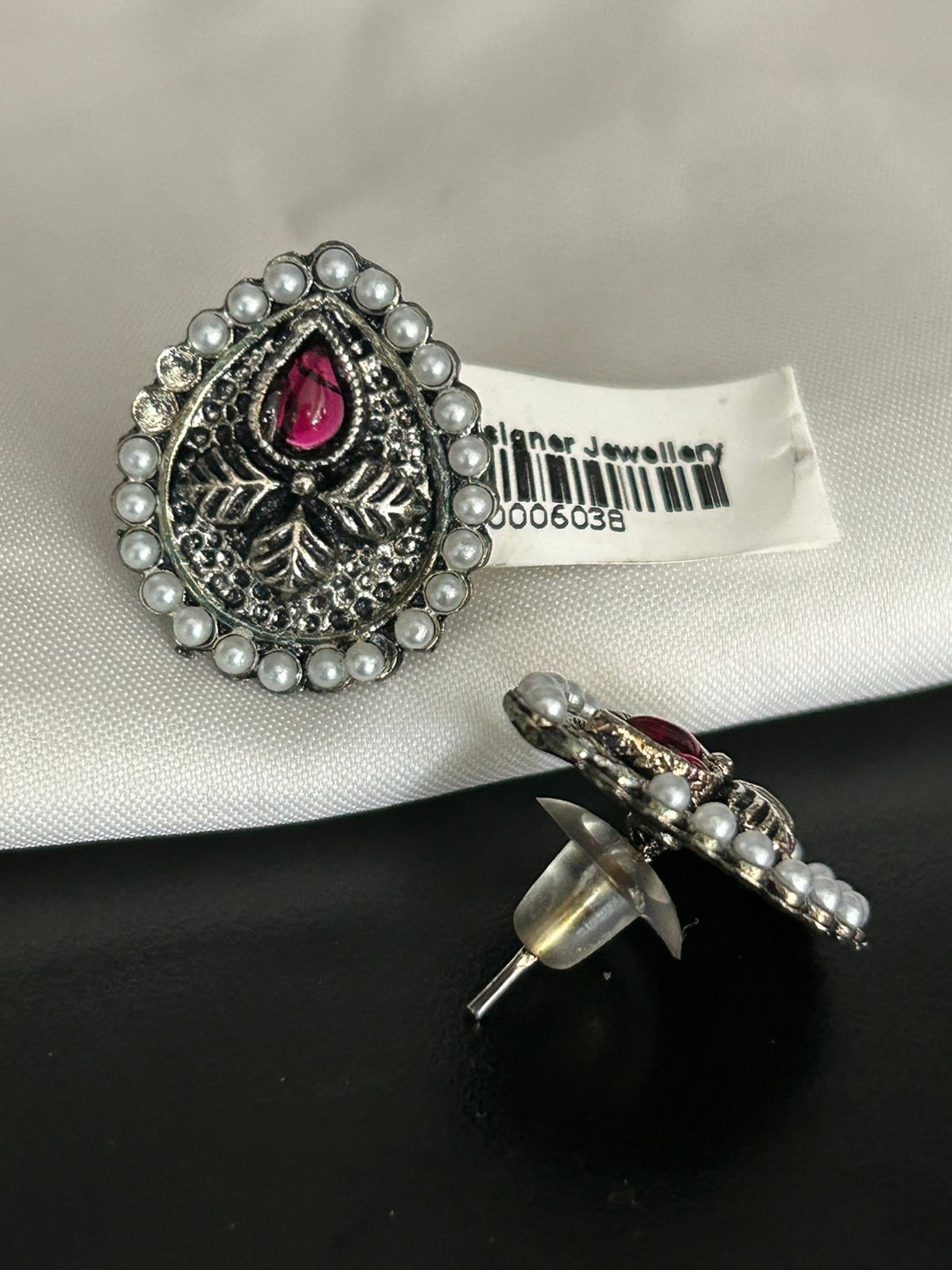 Oxidized Silver Pear Drop Earrings with Red Stone & Pearl Detailing