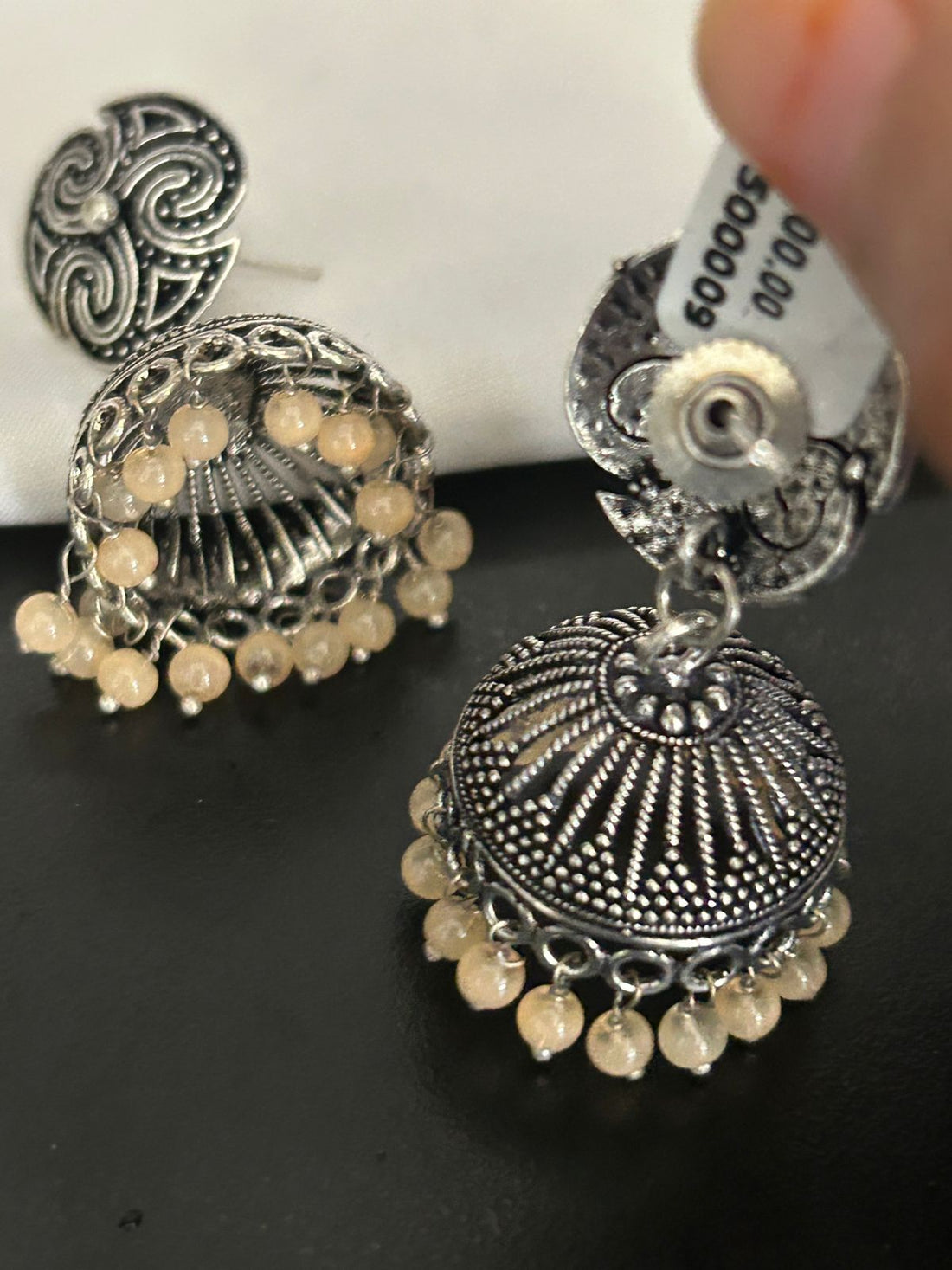 Oxidized Silver Jhumka Earrings with Beige Beads