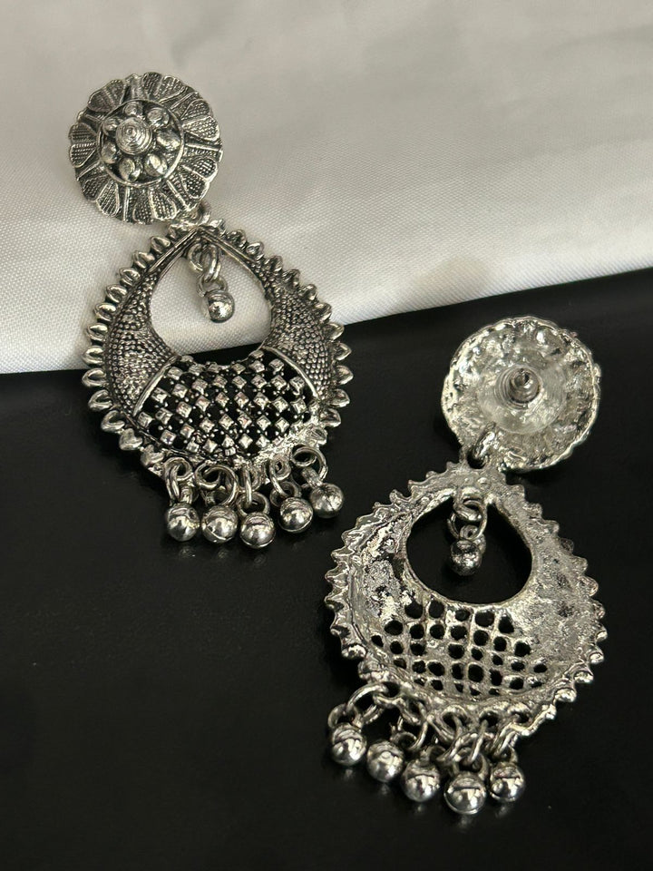 Oxidized Silver Dangler Earrings with Floral Stud and Beaded Detailing