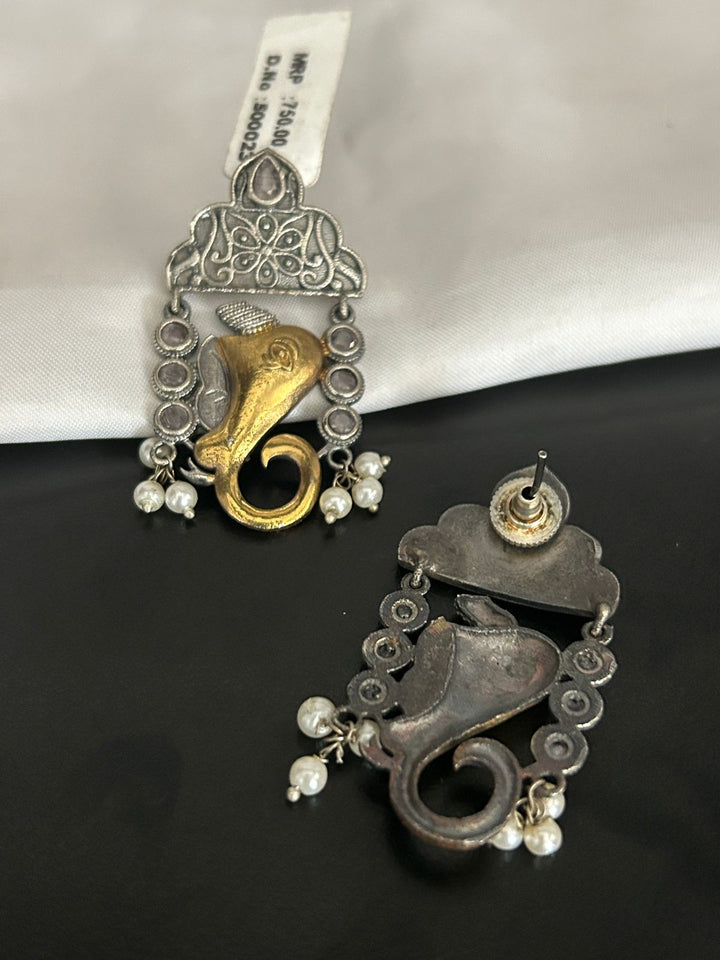 Oxidized Lord Ganesha Earrings with Golden Accent – Spiritual Ethnic Jewelry