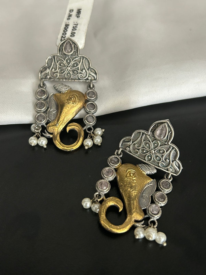 Oxidized Lord Ganesha Earrings with Golden Accent – Spiritual Ethnic Jewelry