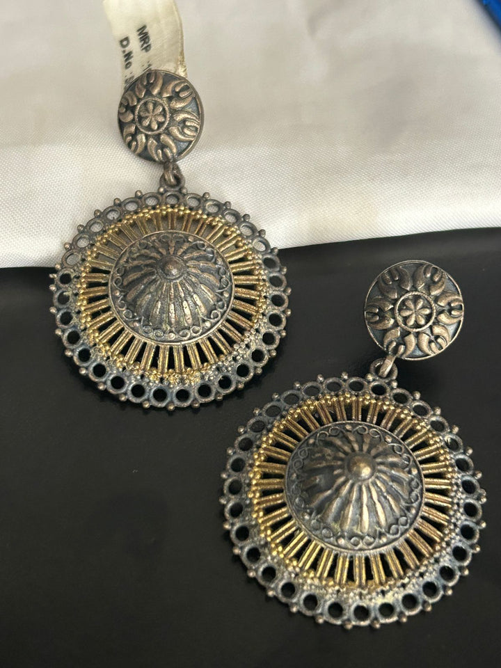 Antique Oxidized Round Earrings with Golden Detailing – Boho Ethnic Jewelry