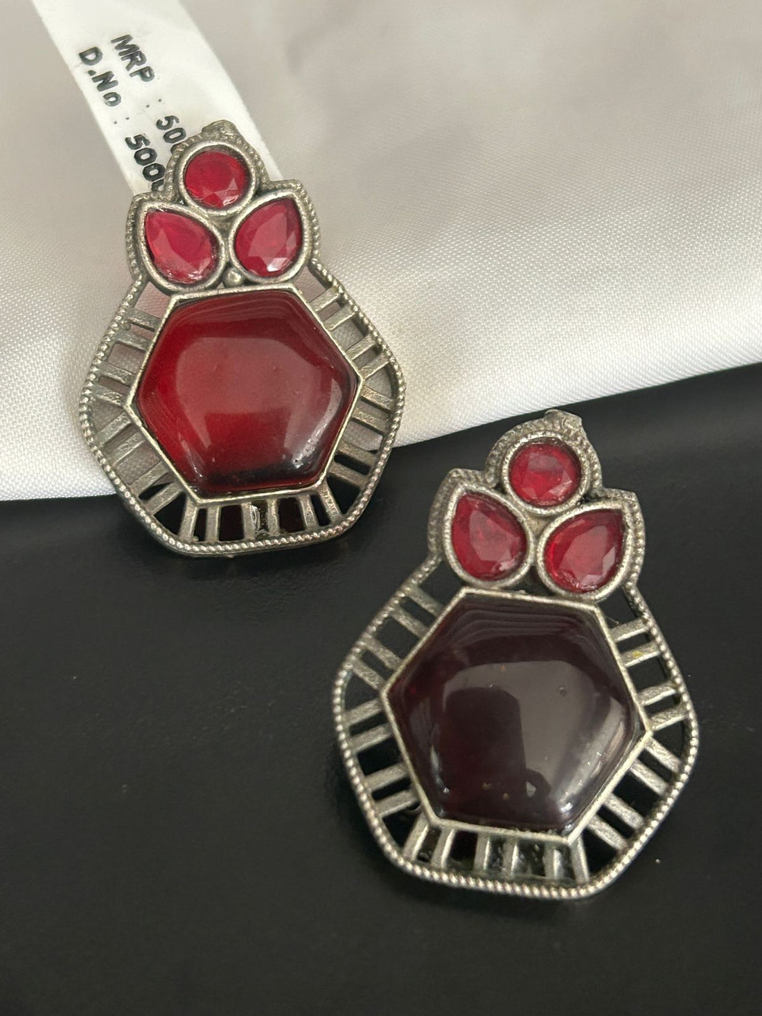 Bold Red Stone Stud Earrings – Statement Oxidized Finish