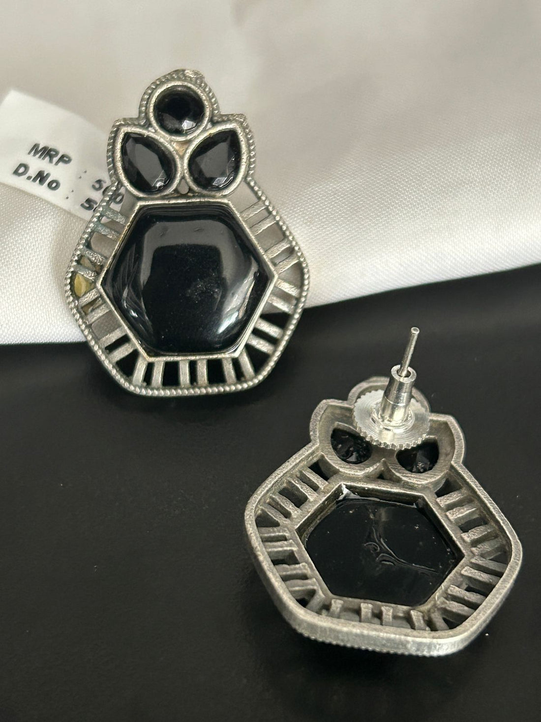 Elegant Black Stone Stud Earrings – Oxidized Silver Finish