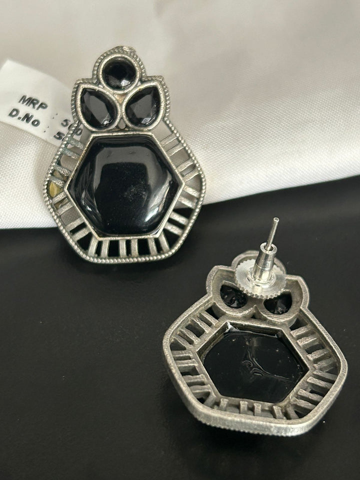Elegant Black Stone Stud Earrings – Oxidized Silver Finish