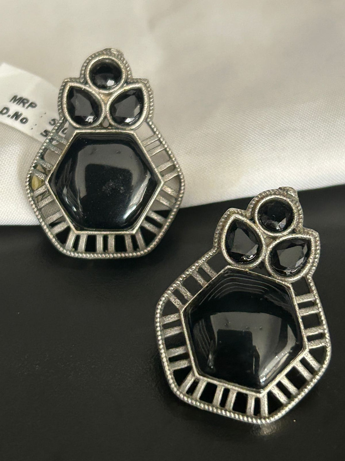 Elegant Black Stone Stud Earrings – Oxidized Silver Finish