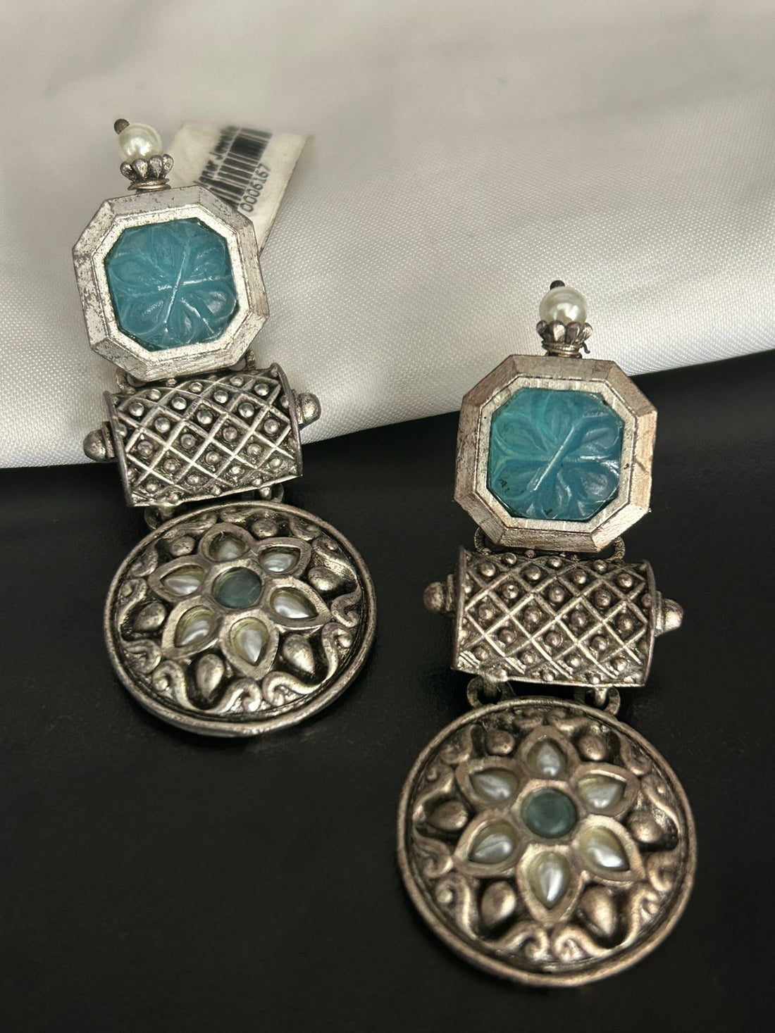 Antique Blue Stone Oxidized Earrings – Floral & Geometric Design