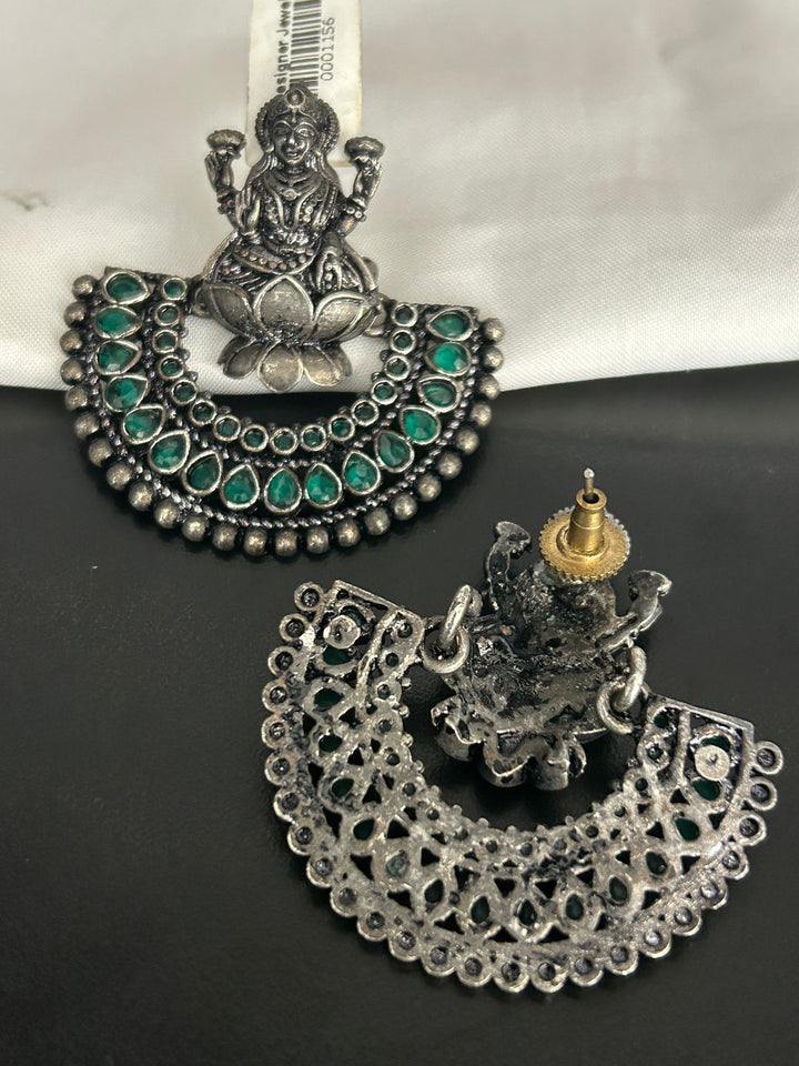 Antique Lakshmi Oxidized Earrings with Green Stone Detailing