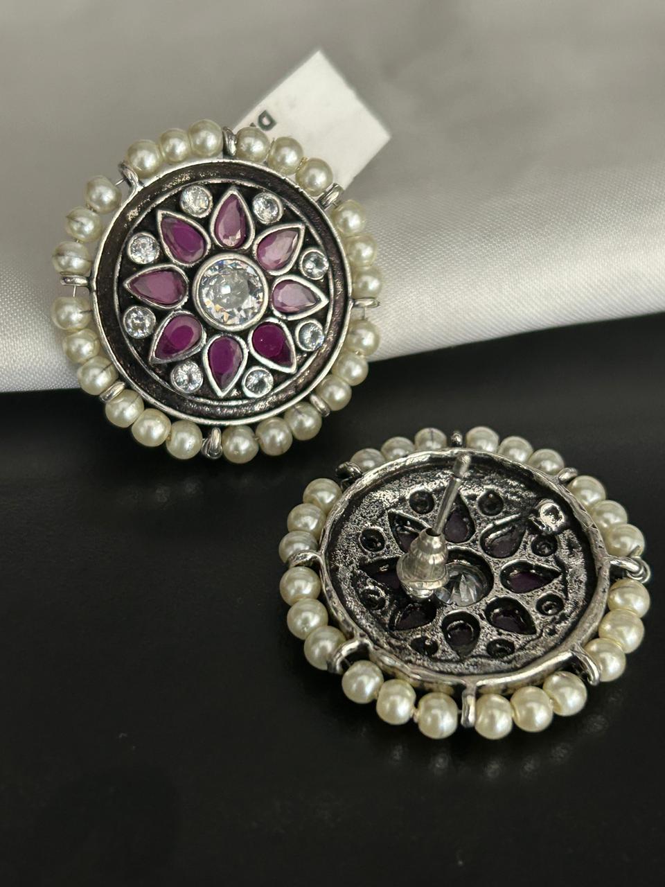 Oxidized Floral Stud Earrings with Ruby Stones & Pearl Border
