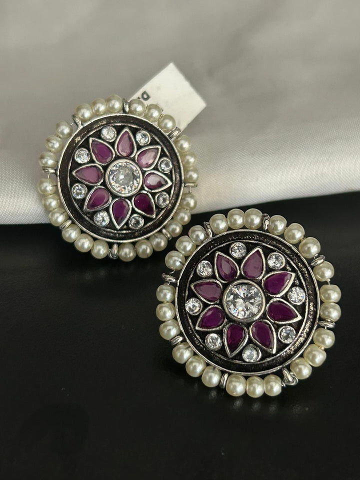 Oxidized Floral Stud Earrings with Ruby Stones & Pearl Border