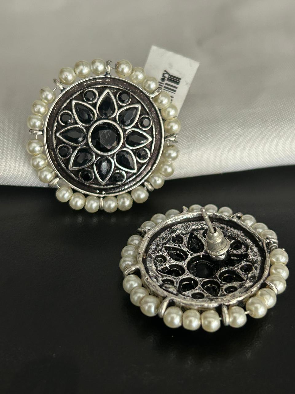 Oxidized Black Stone Stud Earrings with Pearl Border