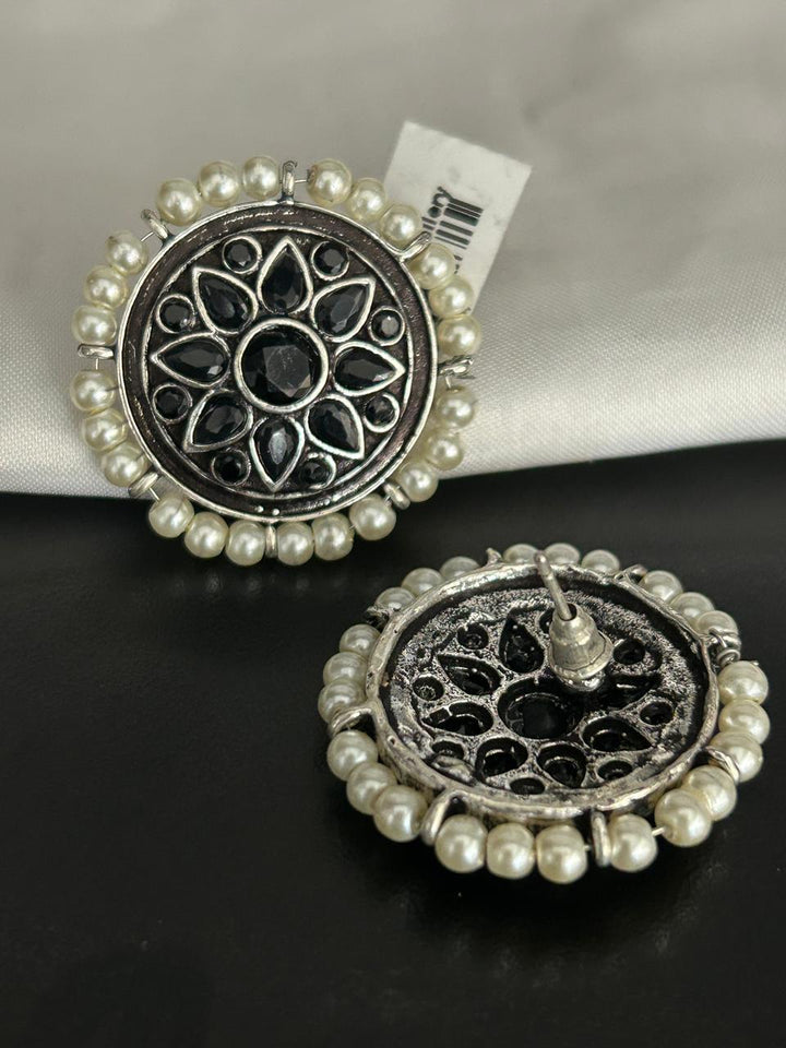 Oxidized Black Stone Stud Earrings with Pearl Border