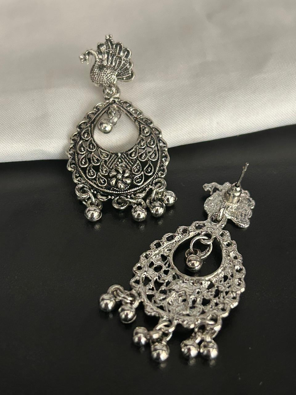 Oxidized Peacock Design Dangle Earrings with Bells