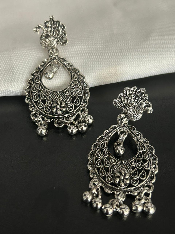 Oxidized Peacock Design Dangle Earrings with Bells