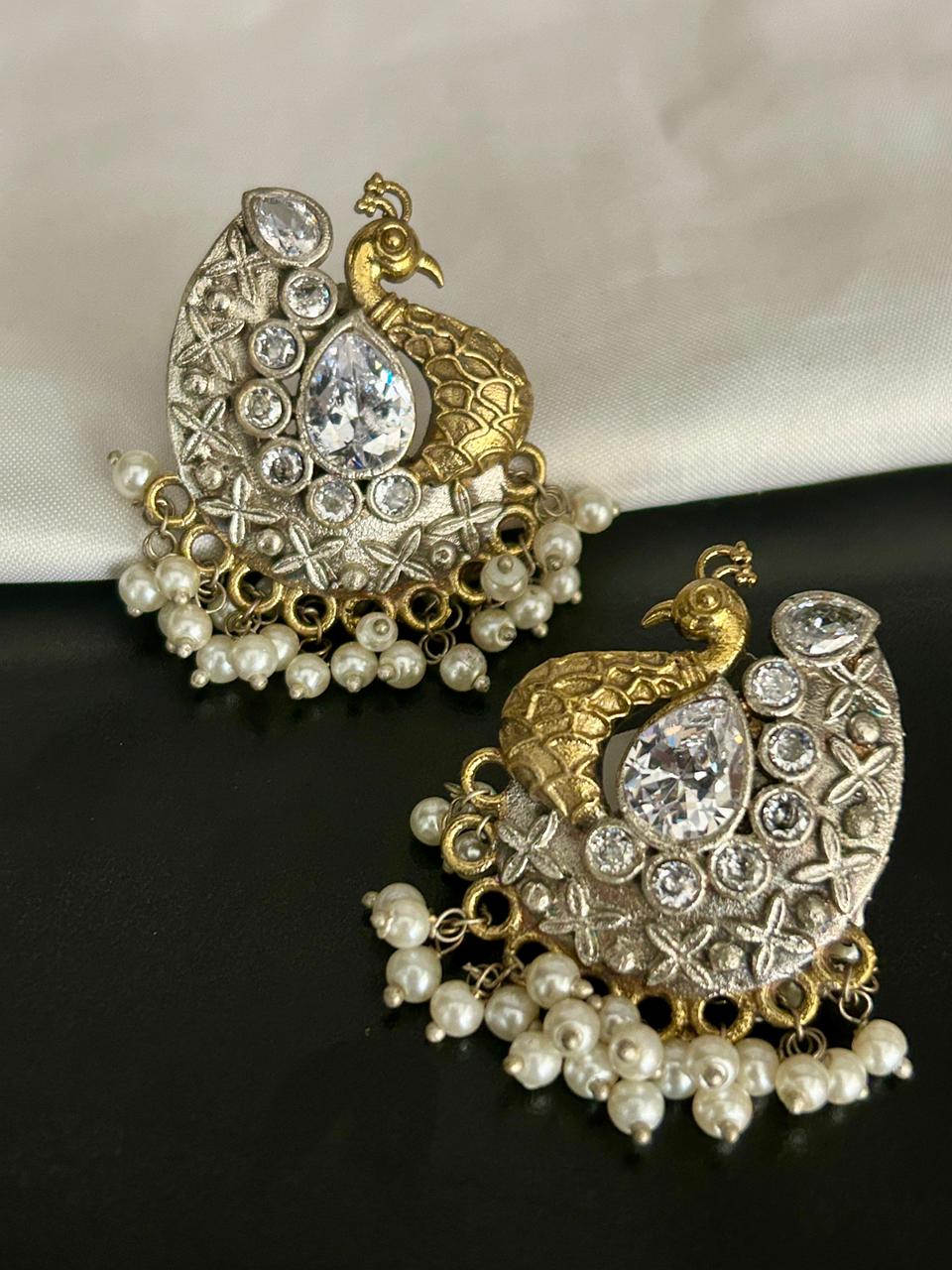 Golden Peacock Earrings with Stones and Pearl Drops