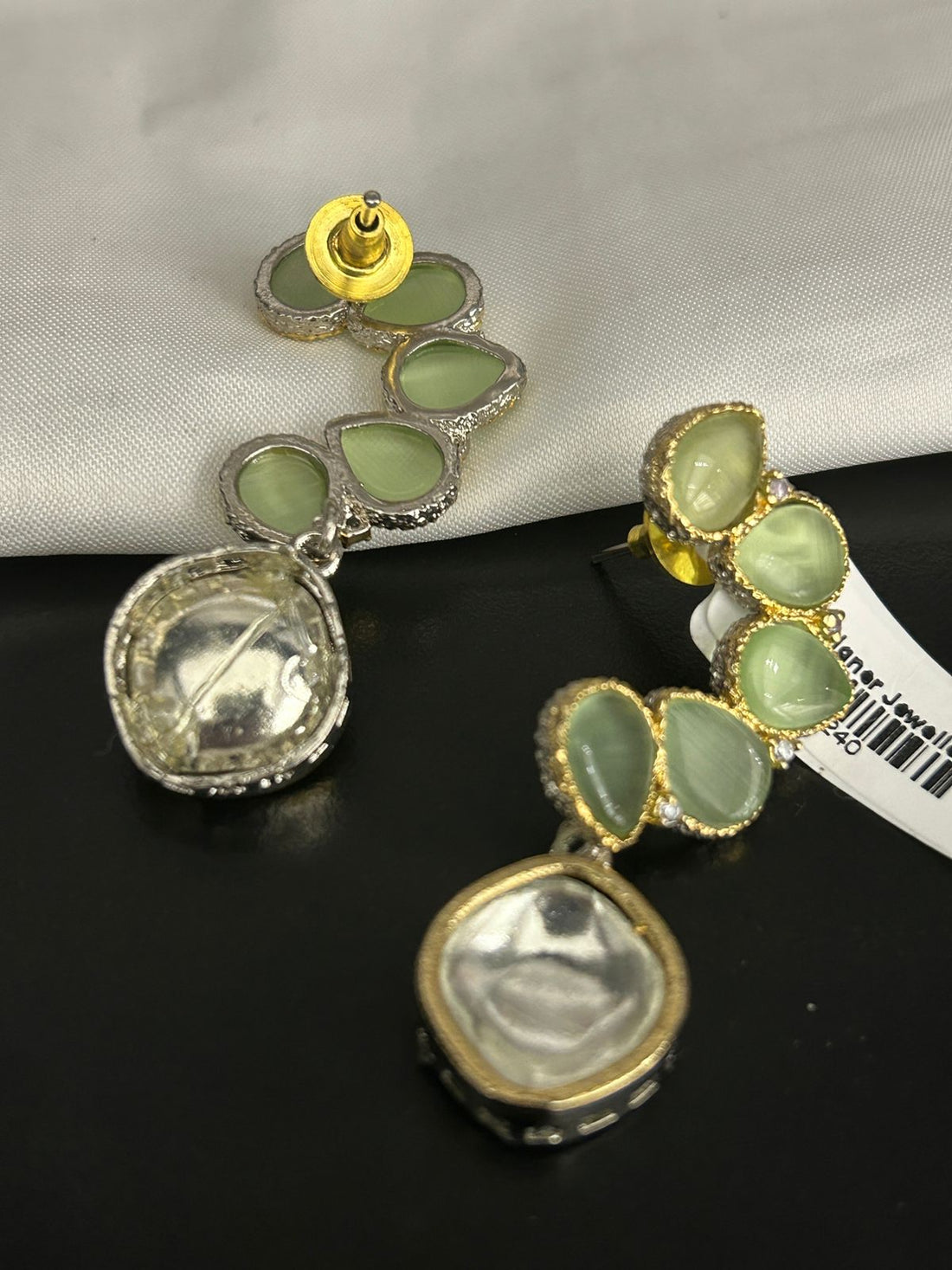 Green Stone & Kundan Drop Earrings with Golden Finish