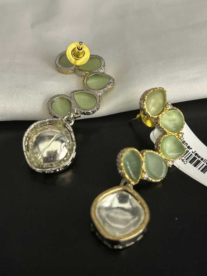 Green Stone & Kundan Drop Earrings with Golden Finish