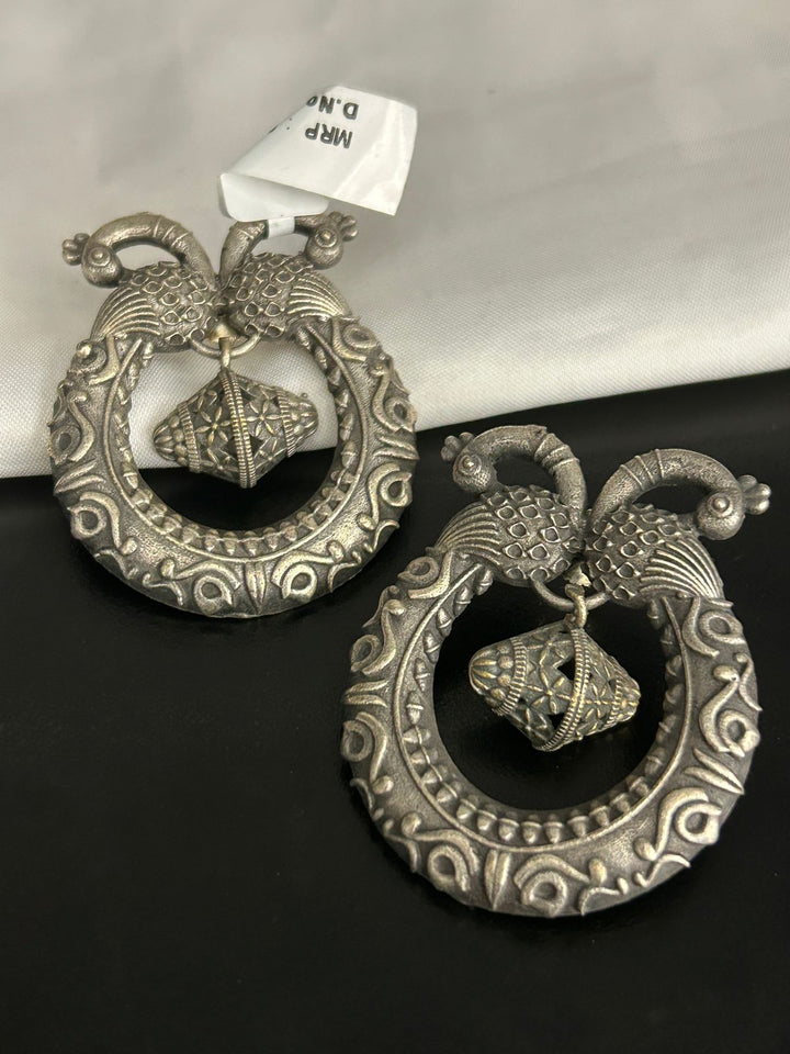 Antique Oxidised Peacock Hoop Earrings