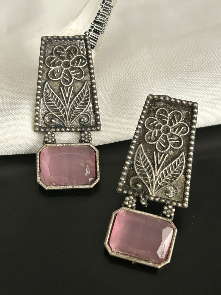 Floral Engraved Oxidised Earrings with Pink Stone