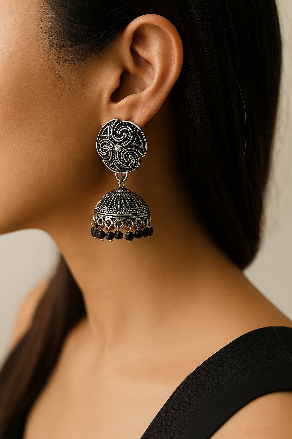 Oxidized Silver Dome Jhumka Earrings with Tribal Design