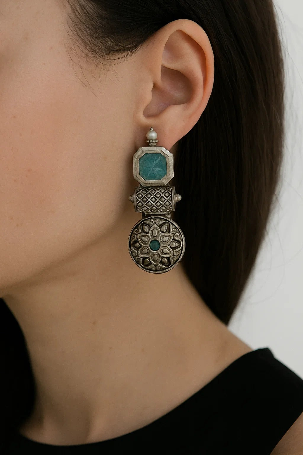 Antique Blue Stone Oxidized Earrings – Floral & Geometric Design