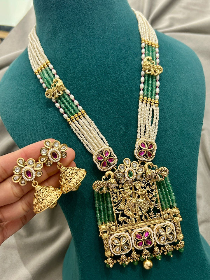 Radha Krishna Temple Necklace Set with Jhumkas