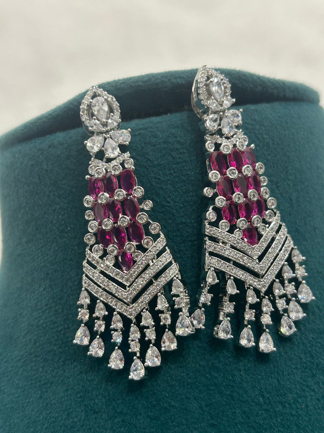 Ruby & Diamond Choker Necklace Set with Long Earrings – Luxury CZ Jewellery