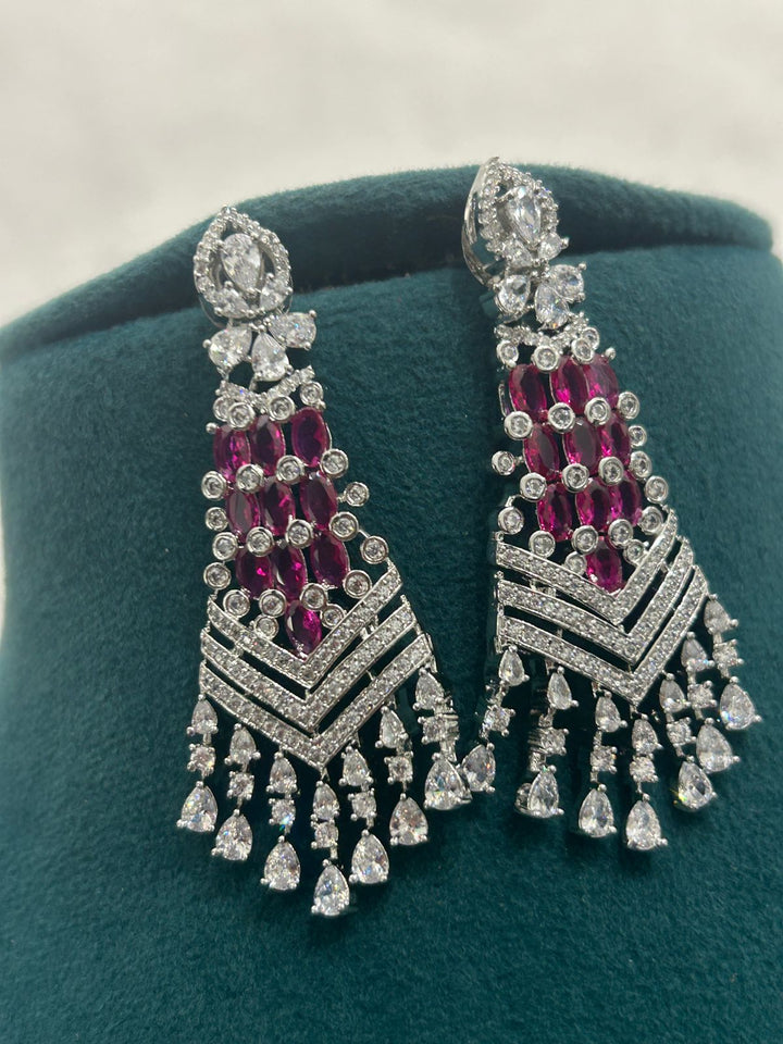 Ruby & Diamond Choker Necklace Set with Long Earrings – Luxury CZ Jewellery