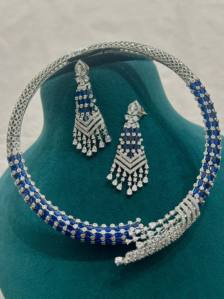 Sapphire Blue & Diamond Choker Necklace Set with Long Earrings – Premium CZ Jewellery