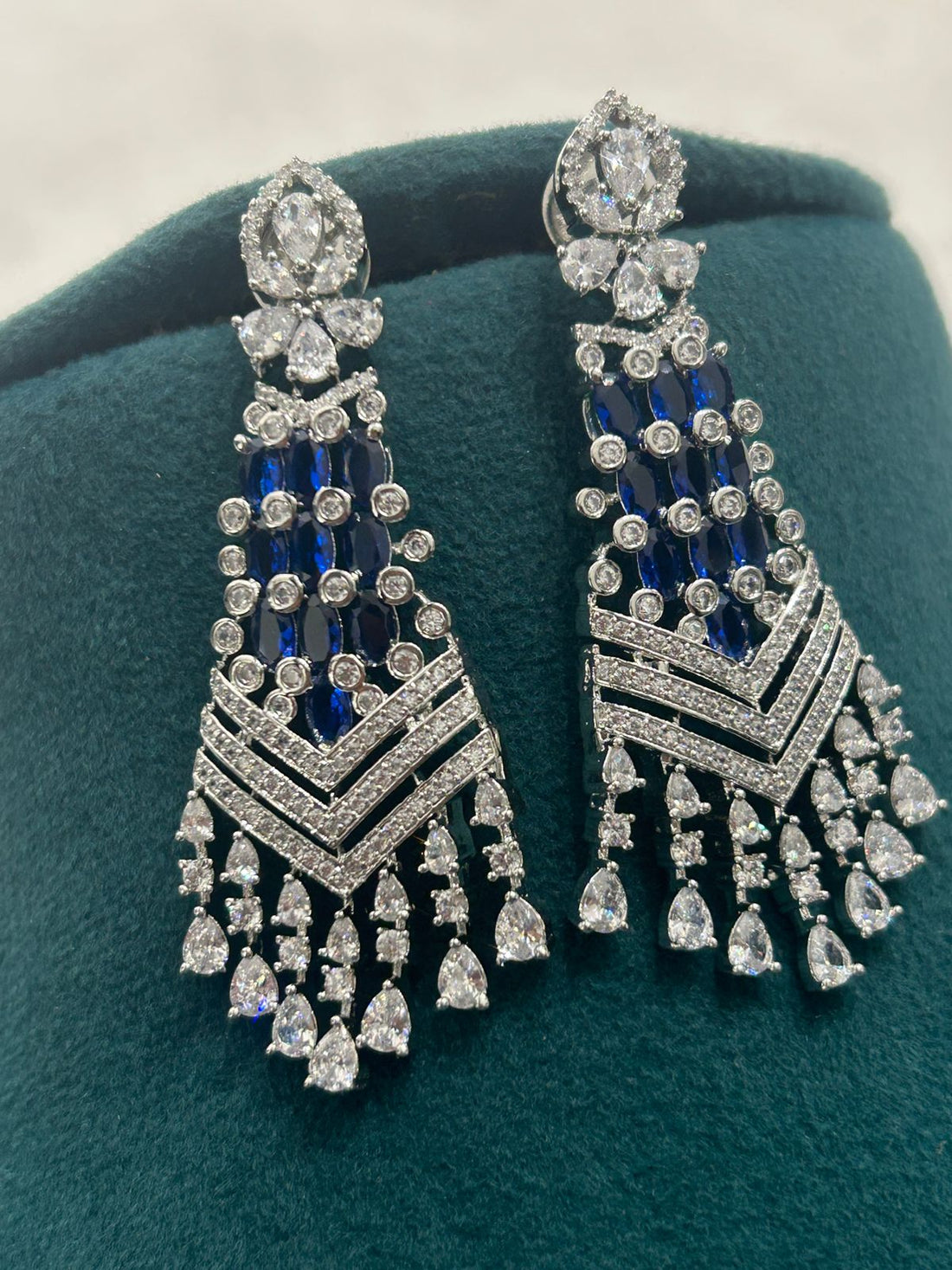 Sapphire Blue & Diamond Choker Necklace Set with Long Earrings – Premium CZ Jewellery