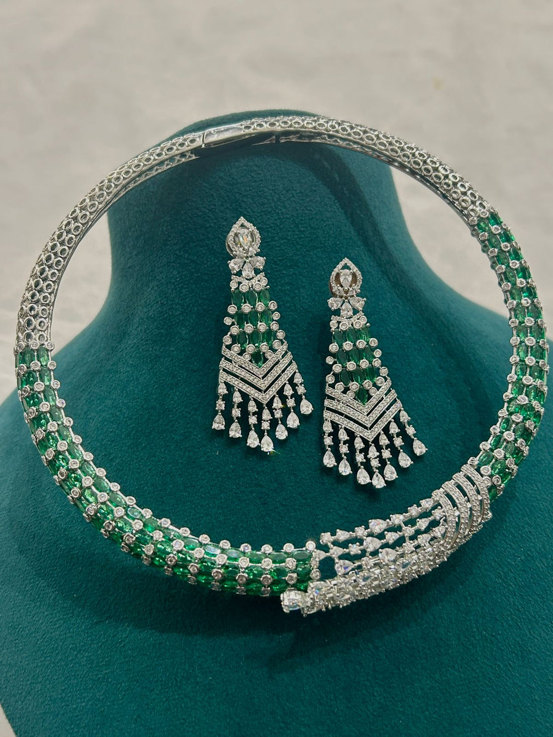 Emerald Green & Diamond Choker Necklace Set with Long Earrings – Luxury CZ Jewellery