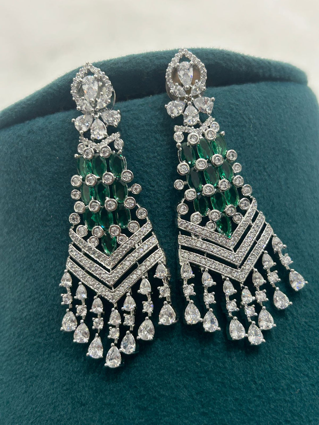 Emerald Green & Diamond Choker Necklace Set with Long Earrings – Luxury CZ Jewellery