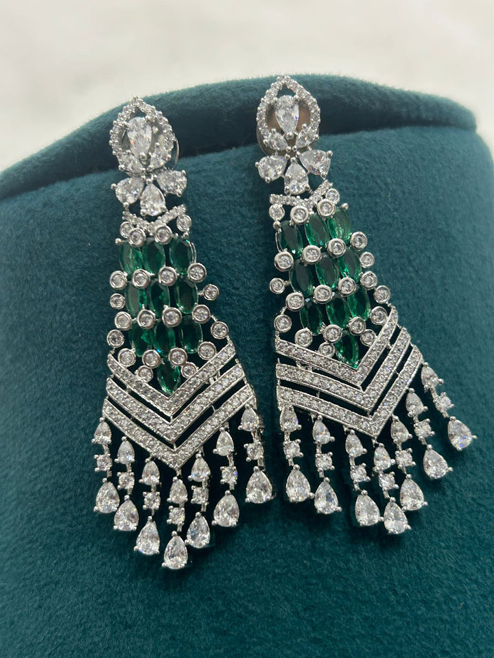 Emerald Green & Diamond Choker Necklace Set with Long Earrings – Luxury CZ Jewellery