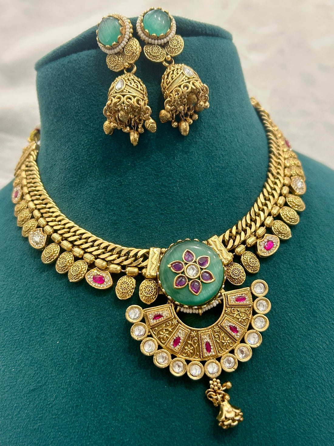 Antique Gold Temple Necklace Set with Green Stone & Ruby Accents – Bridal Jewellery