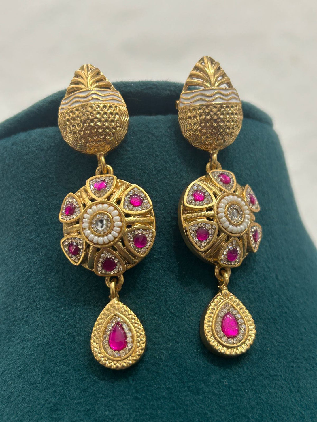 Antique Gold Plated Necklace Set with Ruby Stones & Green Beads