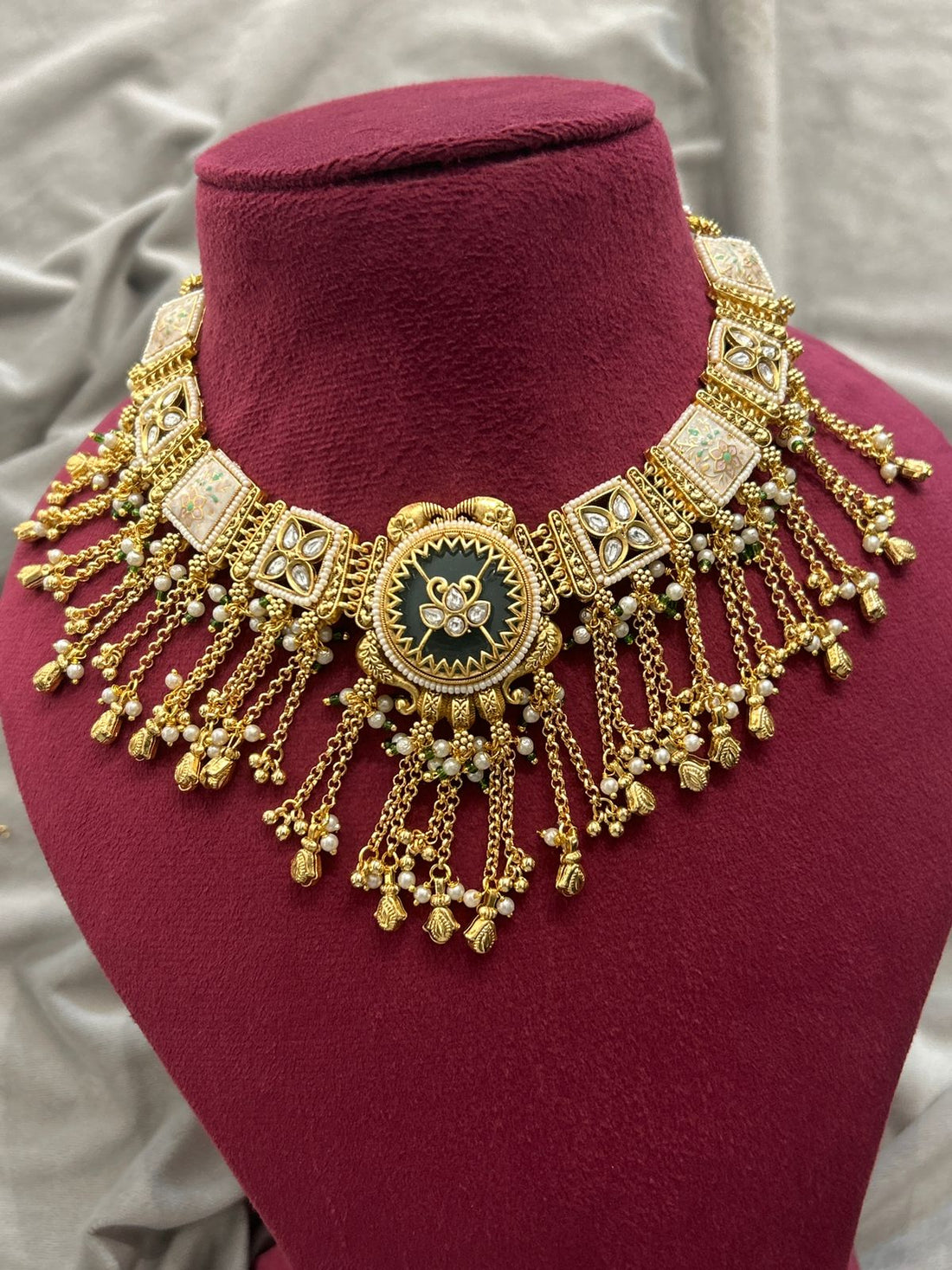 Antique Black Enamel Gold Plated Necklace Set with Pearl Chains & Earrings