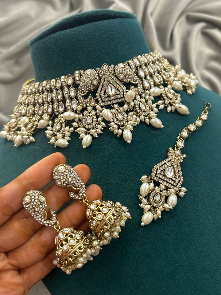 Pearl White Kundan Choker Set with Jhumkas and Maang Tikka