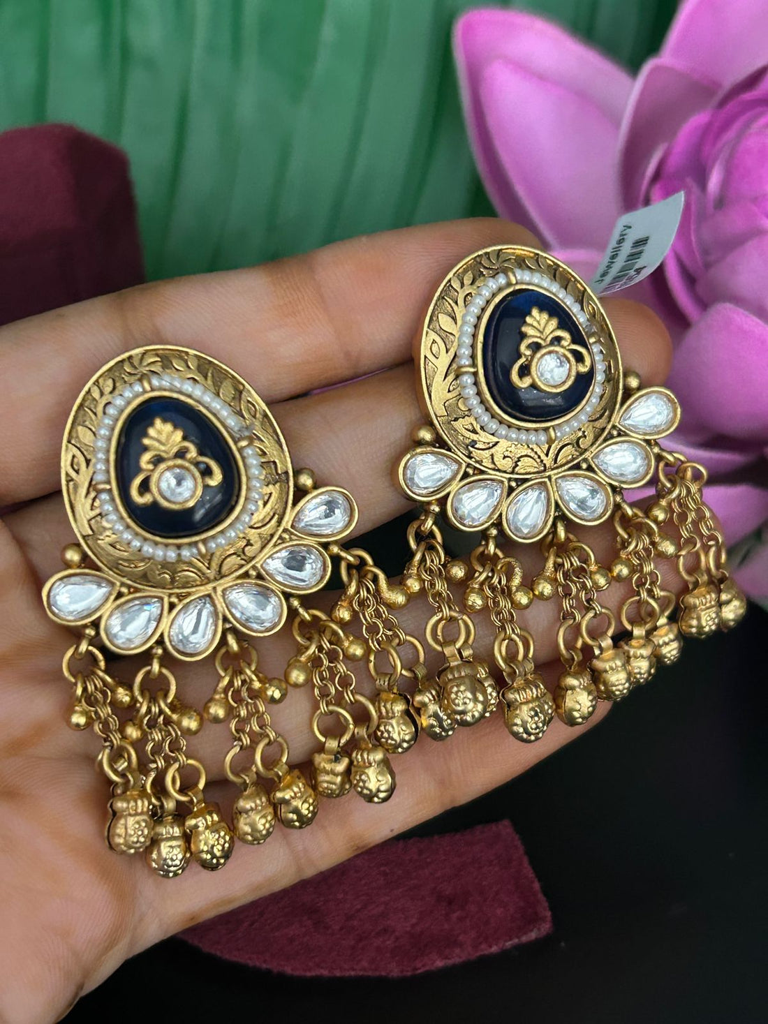 Antique Blue Kundan Dangler Earrings