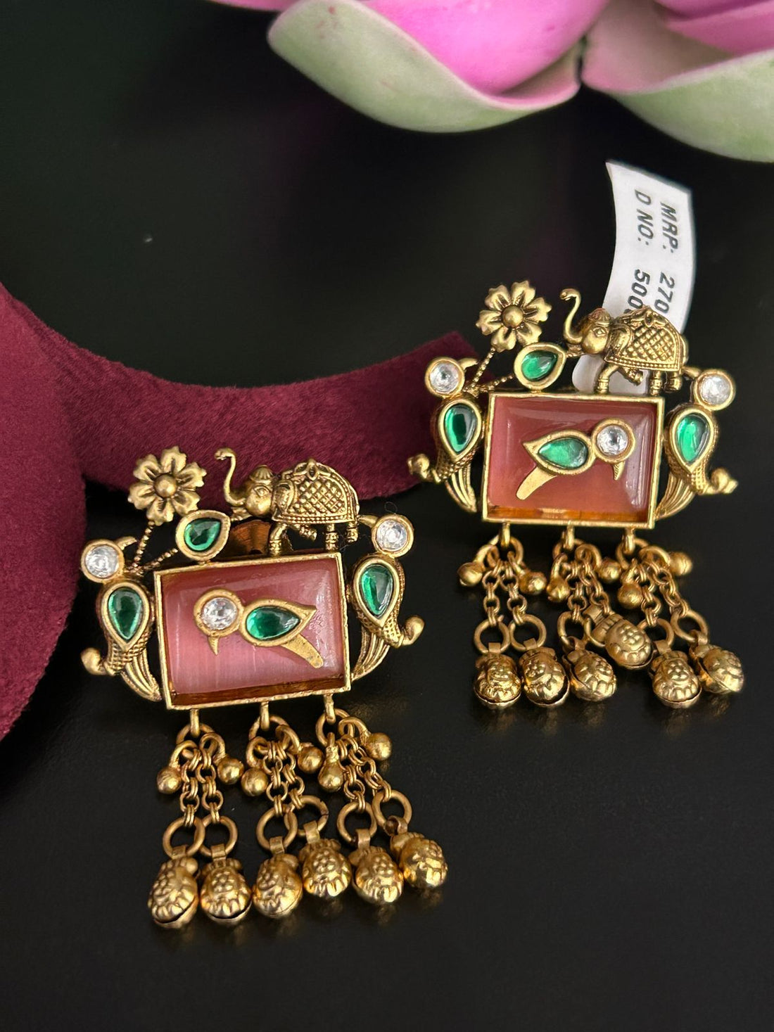 Antique Peacock Design Earrings with Pink Stone
