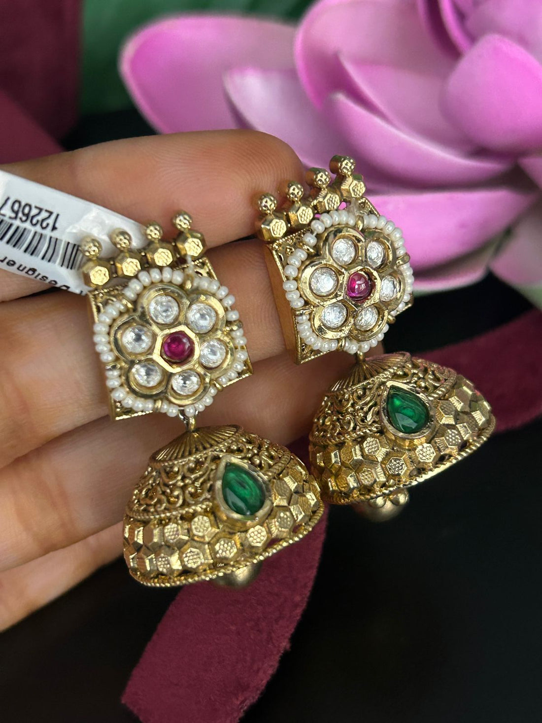 Antique Gold Jhumka Earrings with Ruby and Green Stone