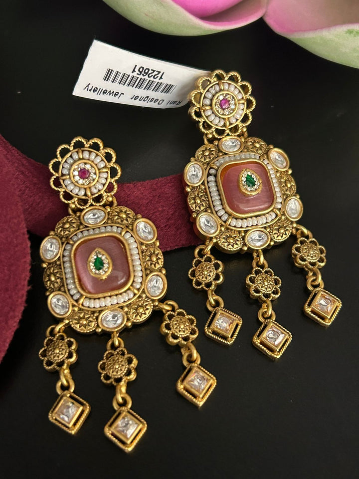 Antique Pink and Green Stone Earrings with Floral Detailing