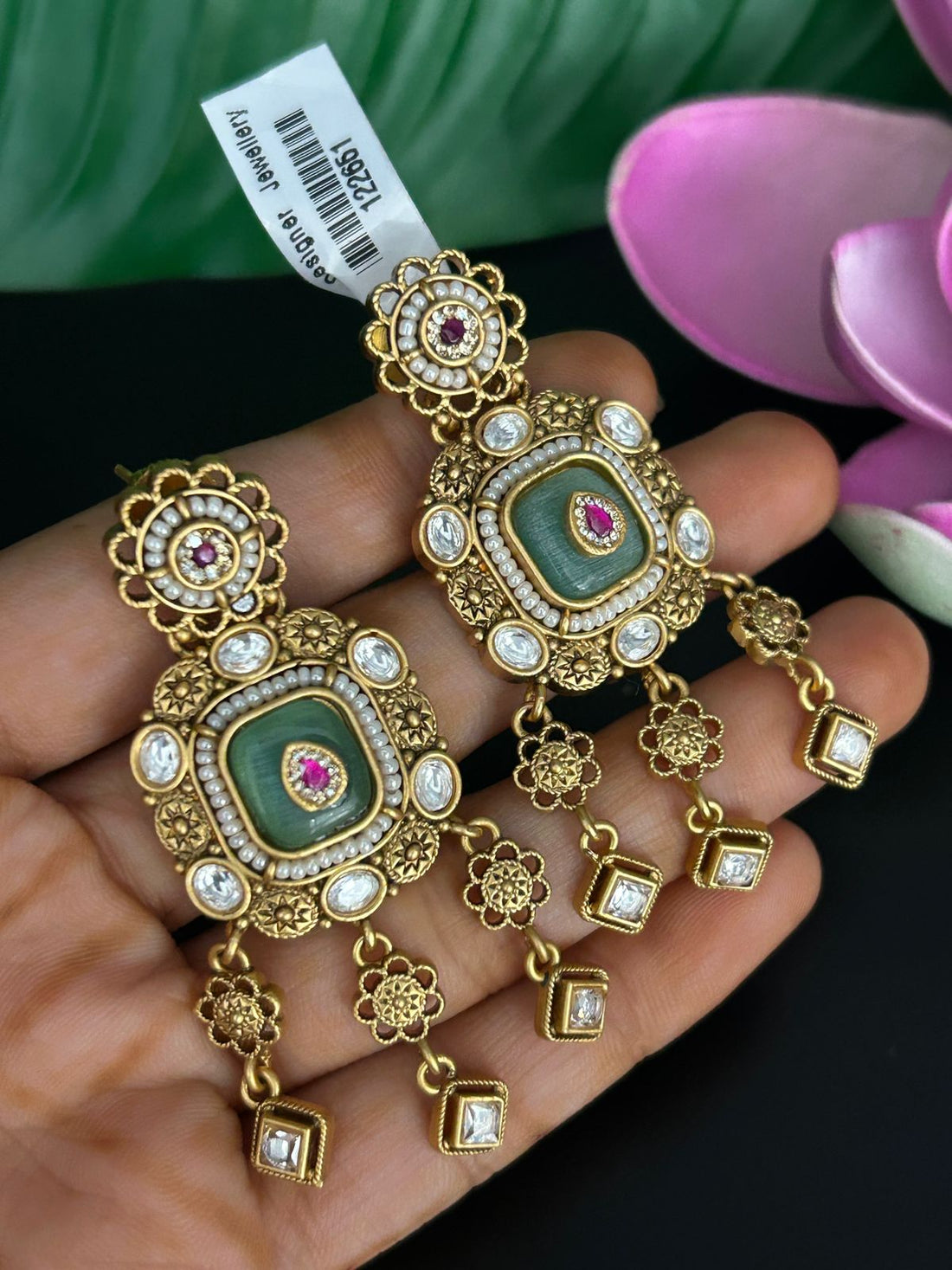 Antique Green and Ruby Stone Earrings with Floral Danglers