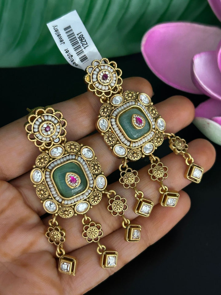 Antique Green and Ruby Stone Earrings with Floral Danglers