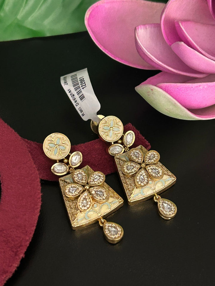 Pastel Enamel Floral Drop Earrings with Kundan Work