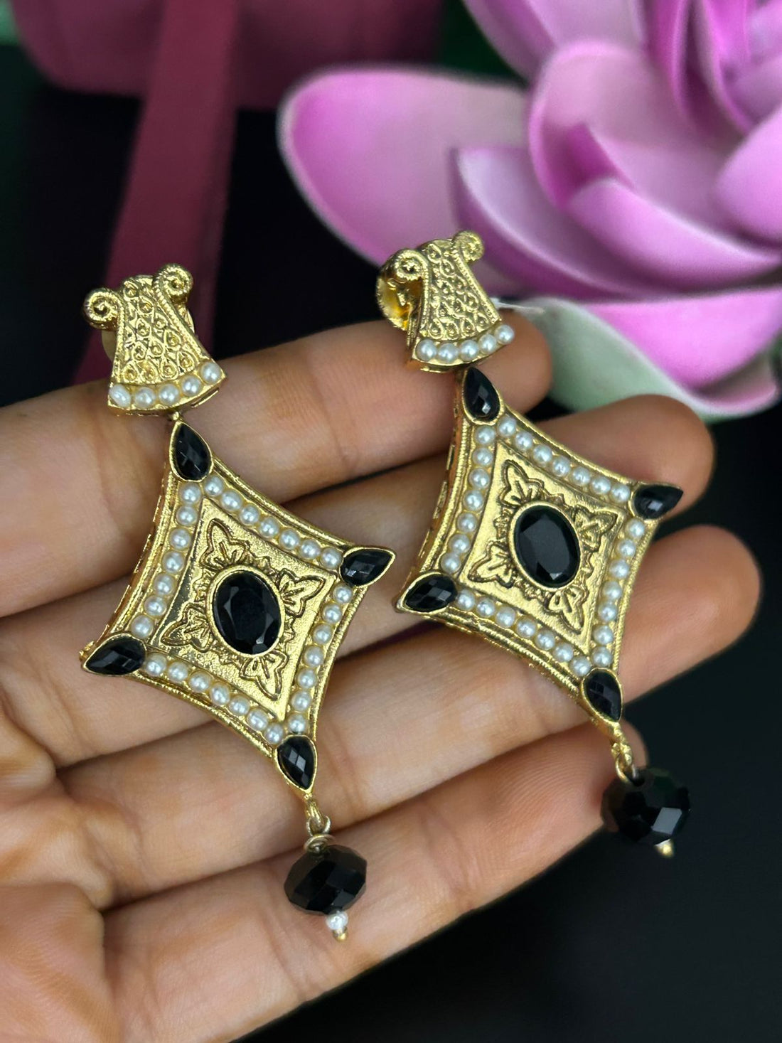 Black Stone Antique Square Drop Earrings