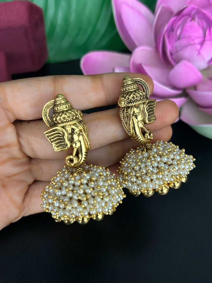 Ganesha Pearl Cluster Jhumka Earrings